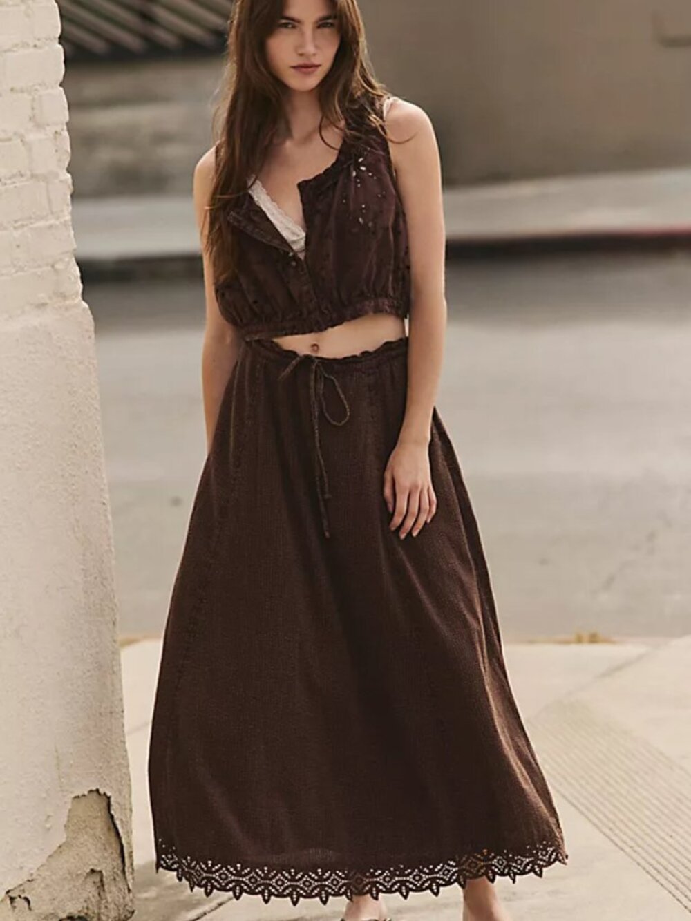NWT Free People Madelyn Brown Cotton Eyelet Maxi Skirt Set Size M Boho